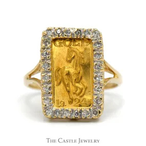 1 Gram 24k Gold Horse Bar Ring in 14k Yellow Gold Diamond Accented Mounting