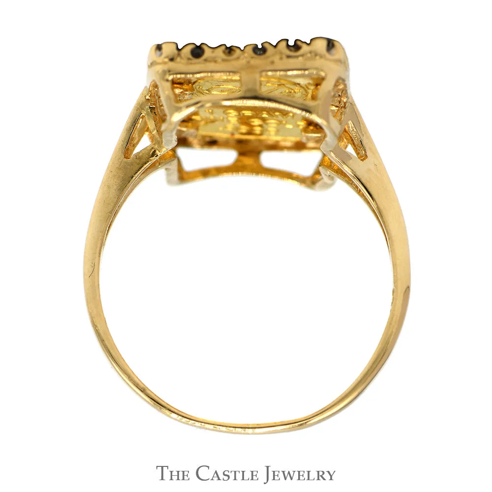 1 Gram 24k Gold Horse Bar Ring in 14k Yellow Gold Diamond Accented Mounting