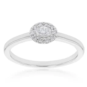 10ct White Gold 1/6 Carat Diamond Ring with Oval Centre and Halo