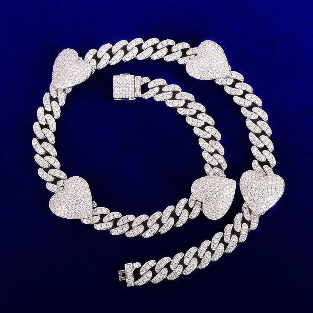 10mm Cuban Chain With Heart Necklace  AAA Zircon Charm Link Jewelry