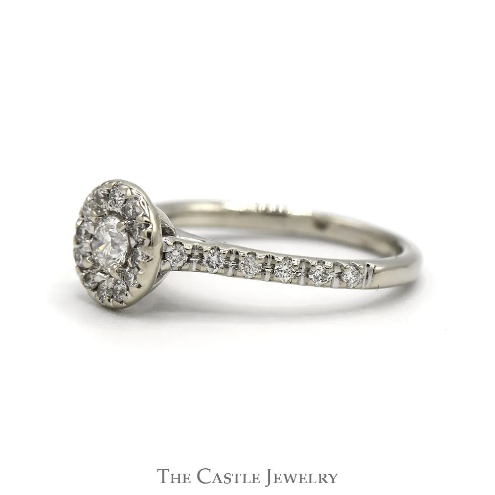 1/2cttw Round Diamond Engagement Ring with Diamond Halo and Accented Sides in 14k White Gold