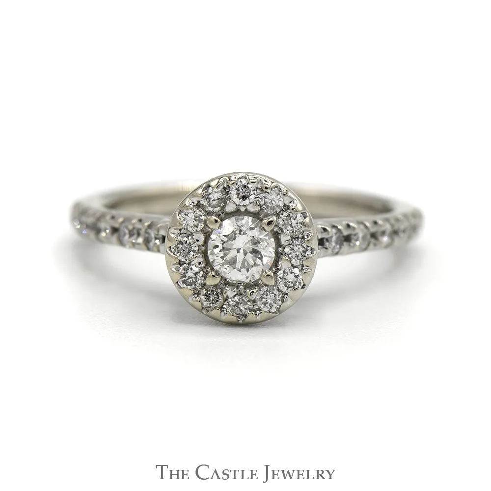 1/2cttw Round Diamond Engagement Ring with Diamond Halo and Accented Sides in 14k White Gold