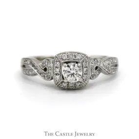 1/2cttw Round Diamond Solitaire Engagement Ring with Halo & Accented Twisted Sides in 14k White Gold