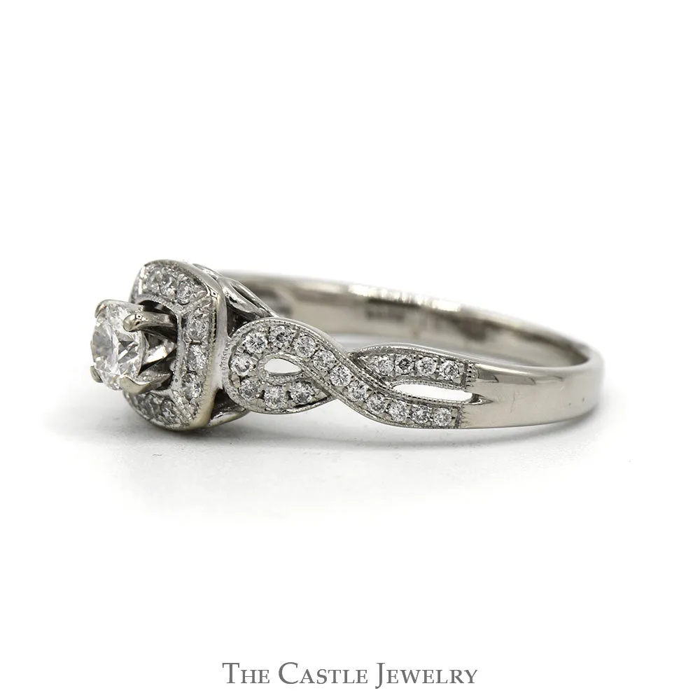 1/2cttw Round Diamond Solitaire Engagement Ring with Halo & Accented Twisted Sides in 14k White Gold