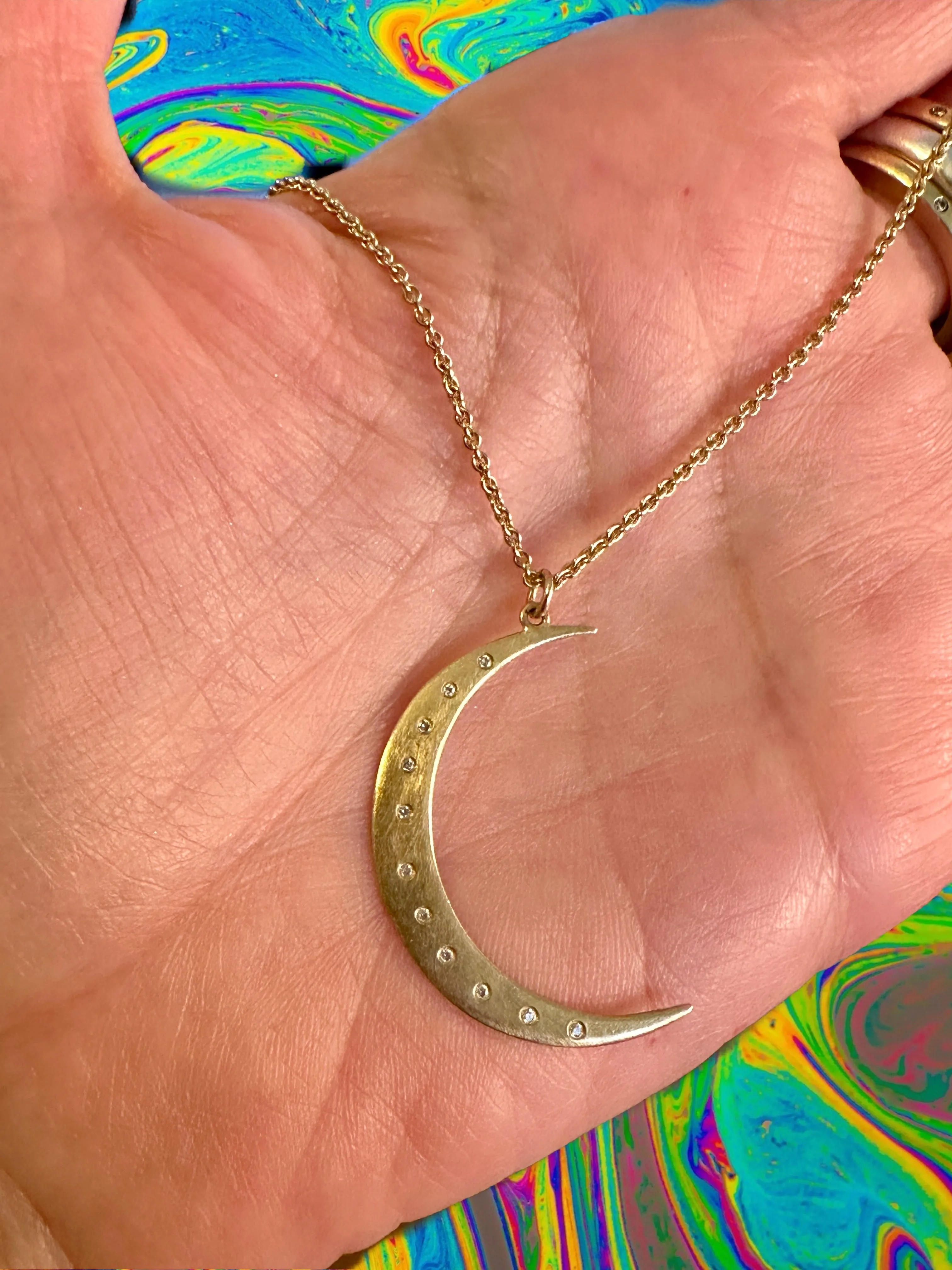 14k Gold 18” Crescent Moon Necklace with Diamonds