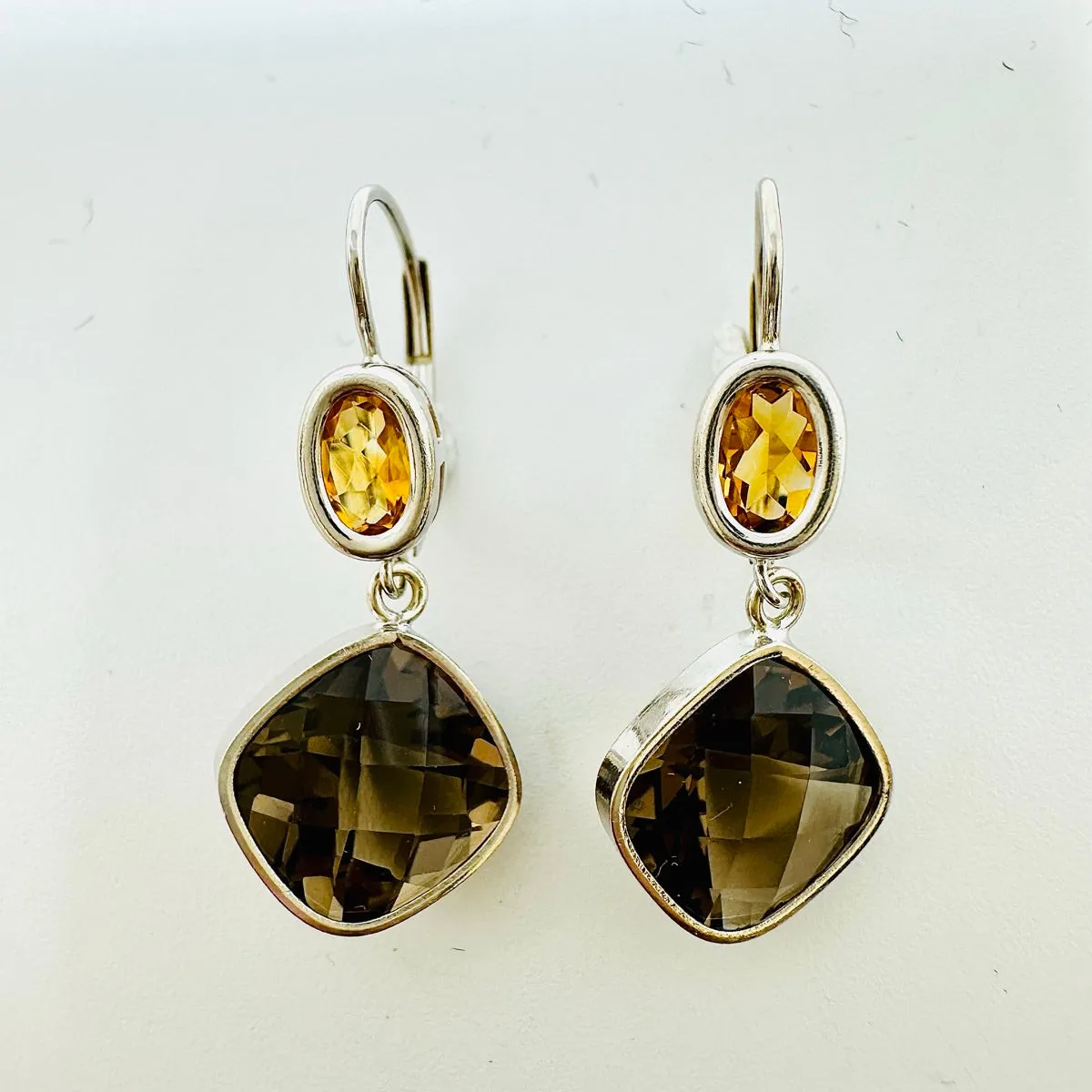 14K Gold Earrings with Smoky Quartz and Citrine