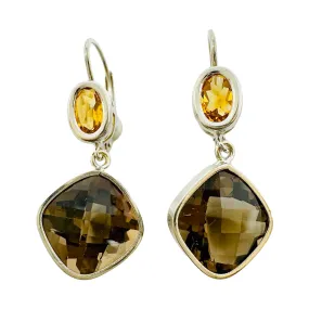 14K Gold Earrings with Smoky Quartz and Citrine