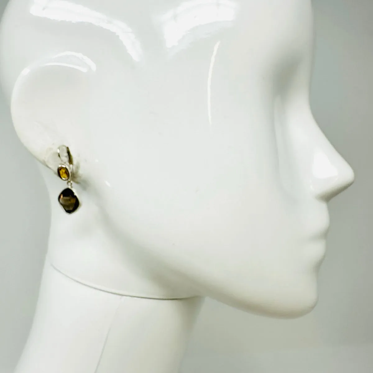 14K Gold Earrings with Smoky Quartz and Citrine