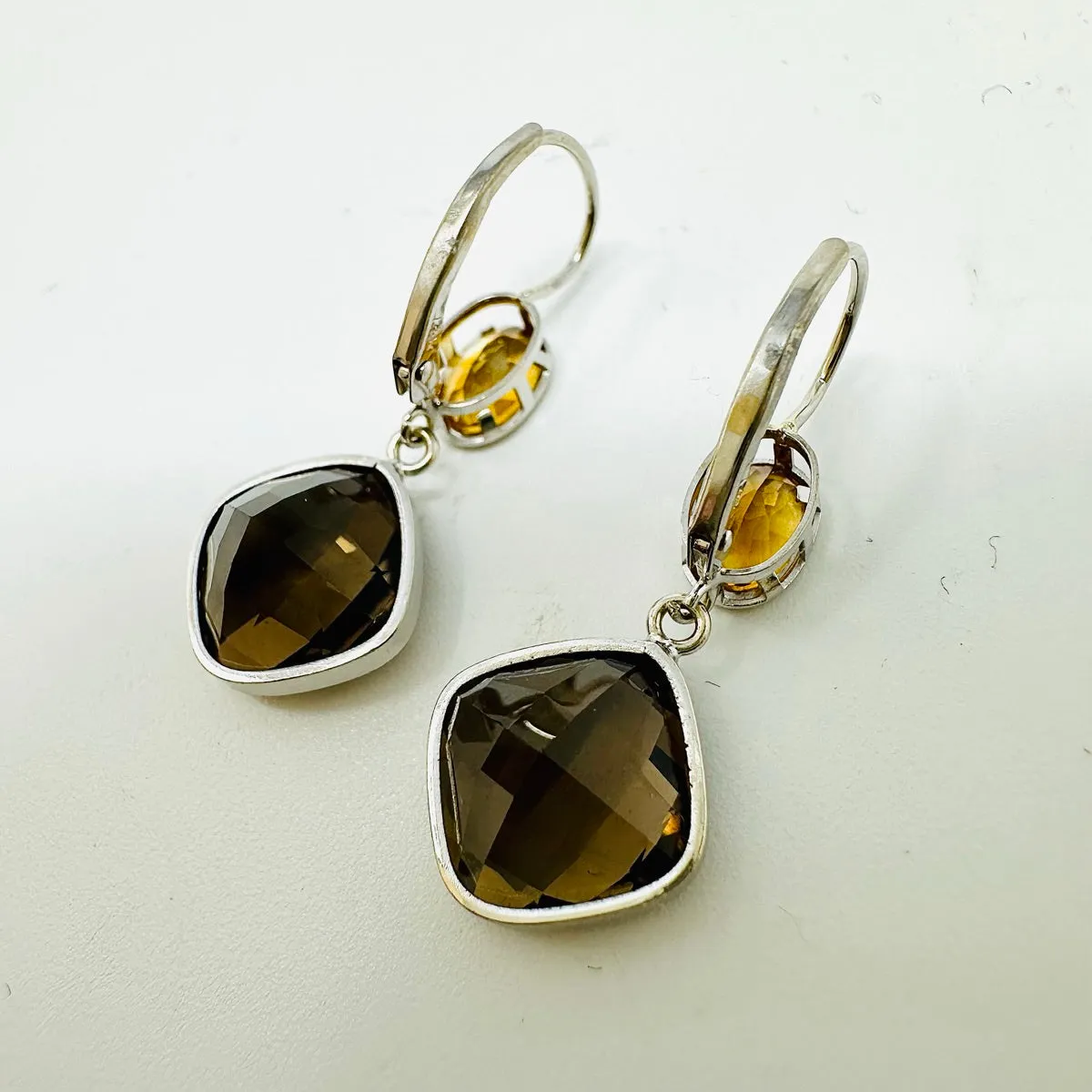 14K Gold Earrings with Smoky Quartz and Citrine