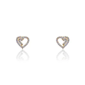 14k Gold Open Heart Earrings With CZ Border & Inner Partial CZ Accent