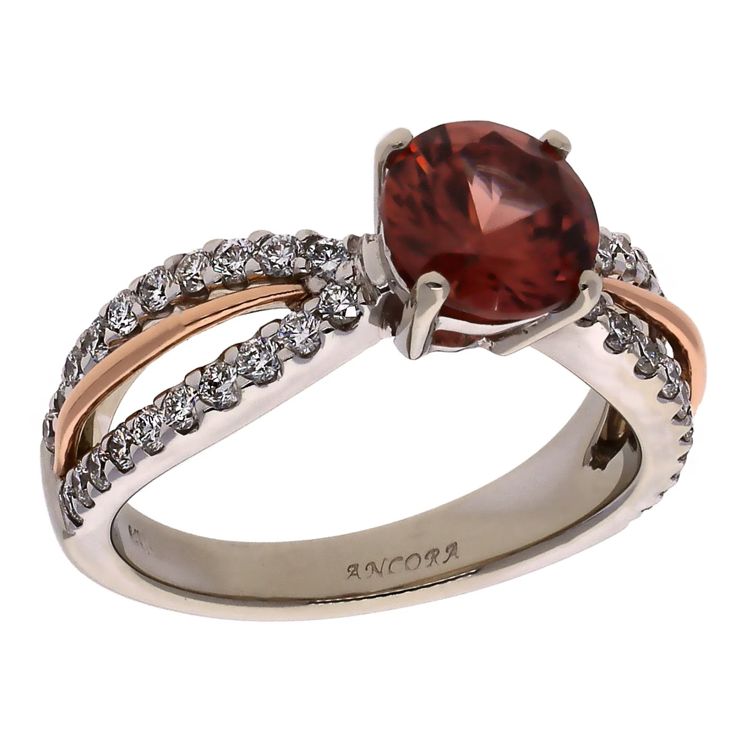 14K White and Rose Gold Ancora Designs Diamond Two Tone Shank Red Zircon Ring