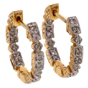 14K White and Yellow Gold Inside and Out Diamond Huggie Hoop Earrings