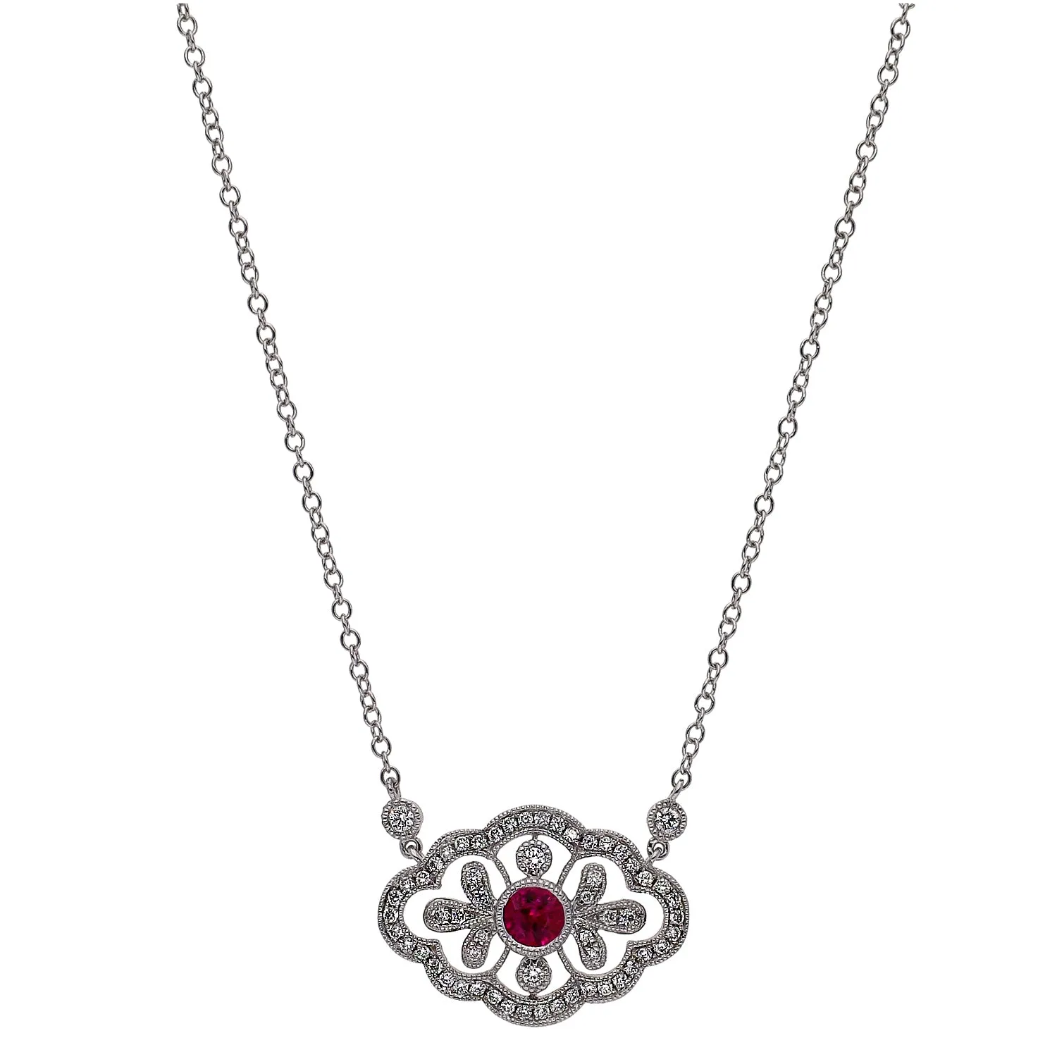 14K White Gold Center Round Ruby and Diamond Necklace