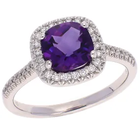 14K White Gold Cushion Cut Amethyst with Diamond Halo Fashion Ring