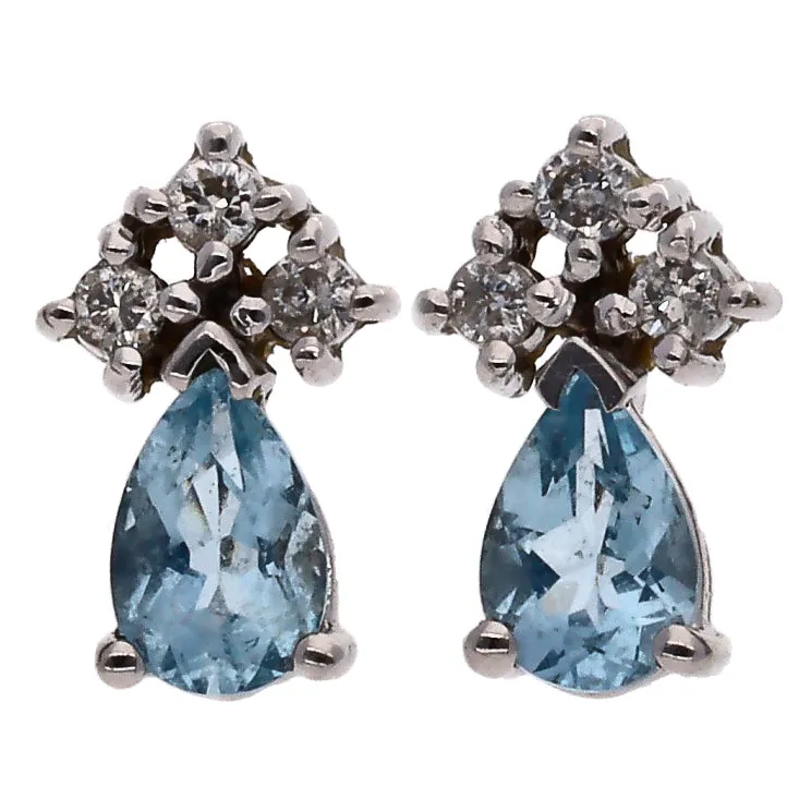 14K White Gold Diamond and Aqua Earrings