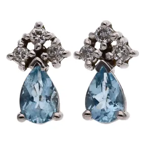 14K White Gold Diamond and Aqua Earrings