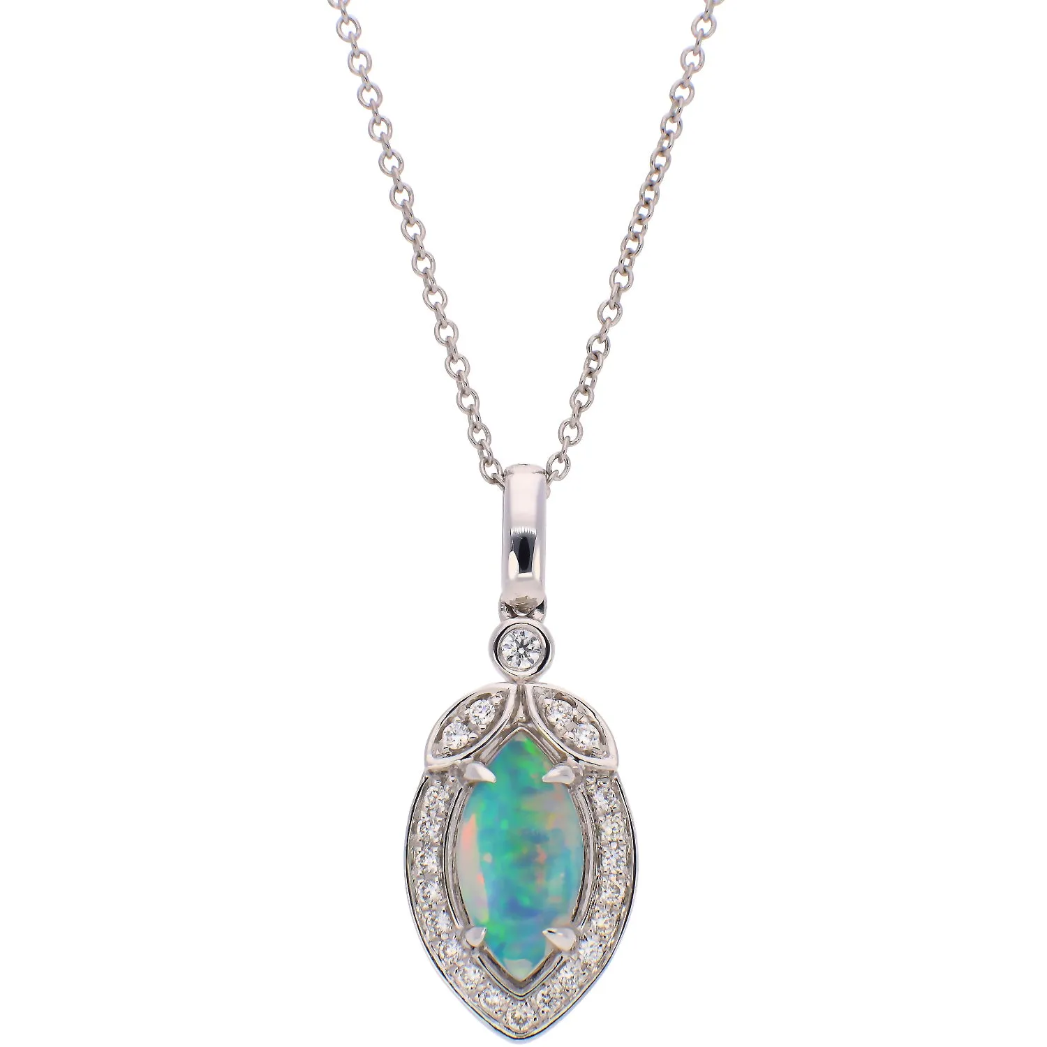 14K White Gold Opal Cabochon and Diamond Necklace