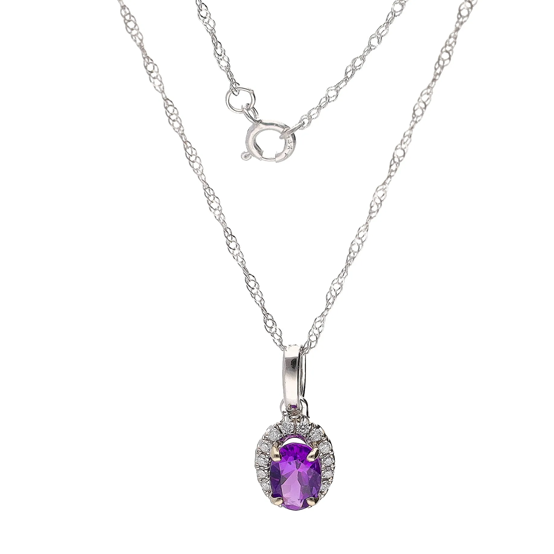 14K White Gold Oval Amethyst w/Diamond Halo 16" Necklace