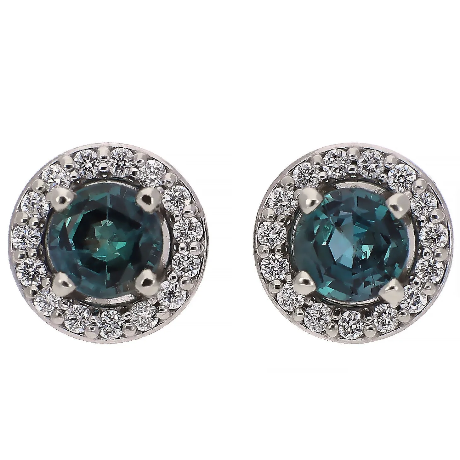 14K White Gold Round Alexandrite with Diamond Halos Stud Earrings