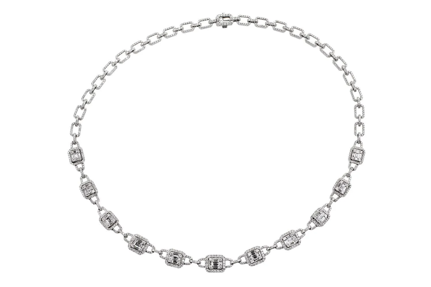 14k White Gold Round Baguette Diamond Necklace