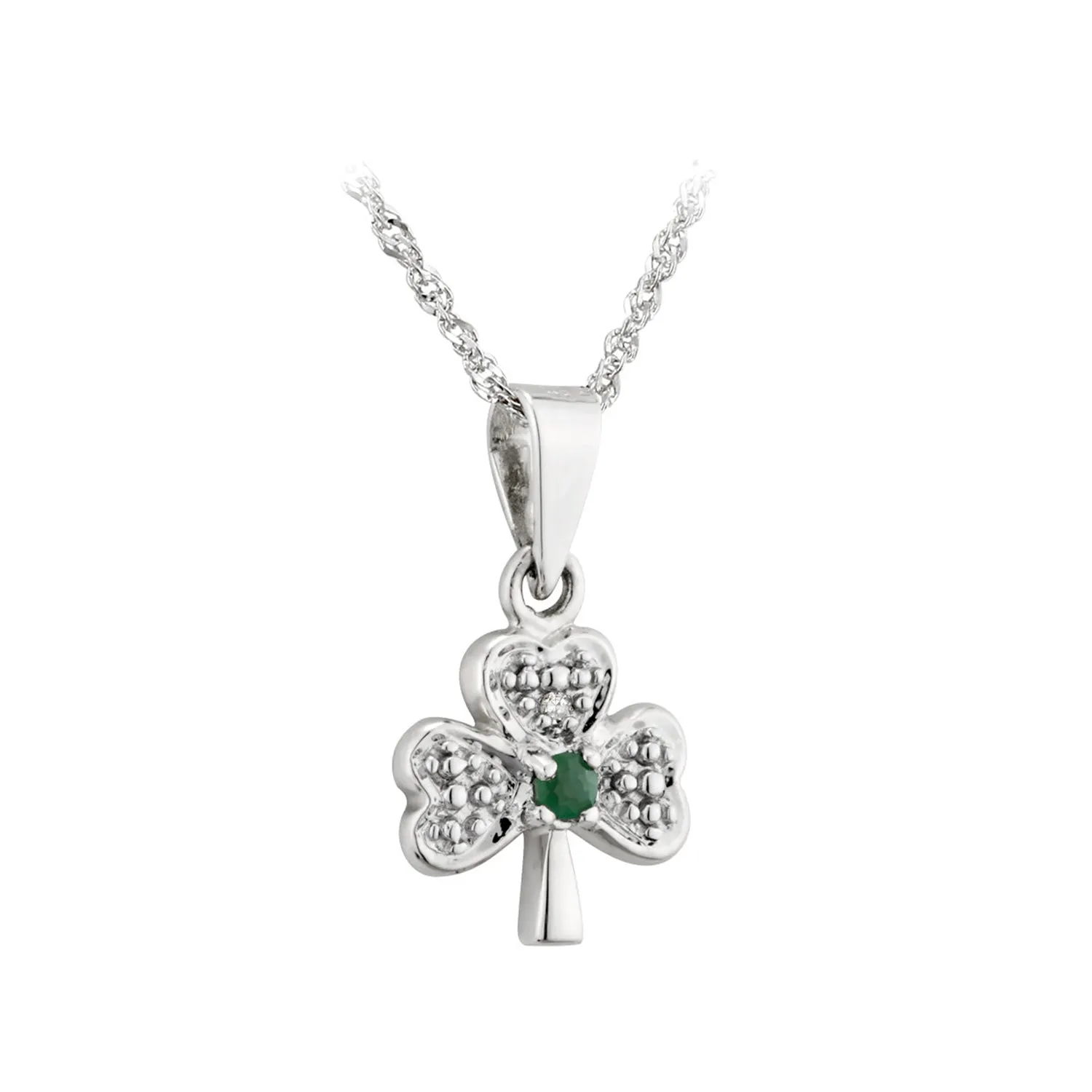 14K White Gold Small Diamond & Emerald Shamrock Pendant