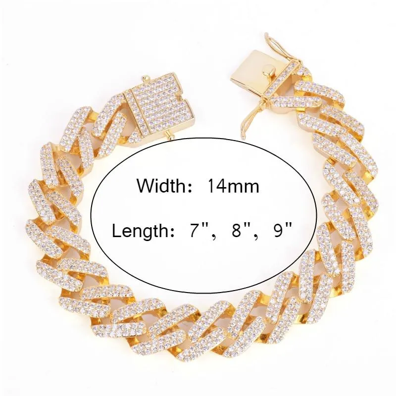 14mm Square Cuban Link Bracelet Gold Color Iced Out Cubic Zirconia Style Jewelry