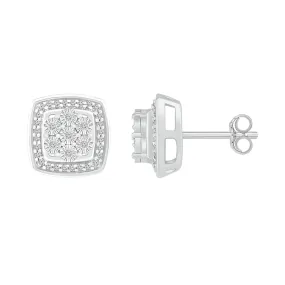 1/6 CTW Diamond Cluster Stud Cushion Shaped Earrings in Sterling Silver