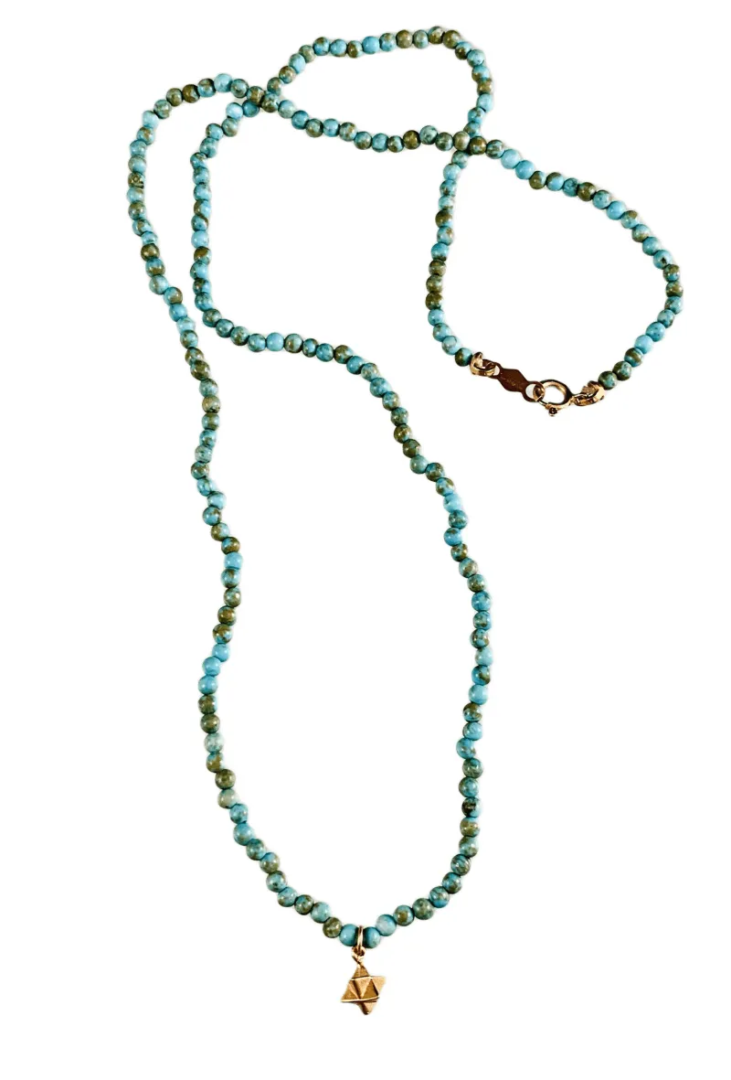 16” Turquoise bead and 14k Gold Merkabah Charm Necklace