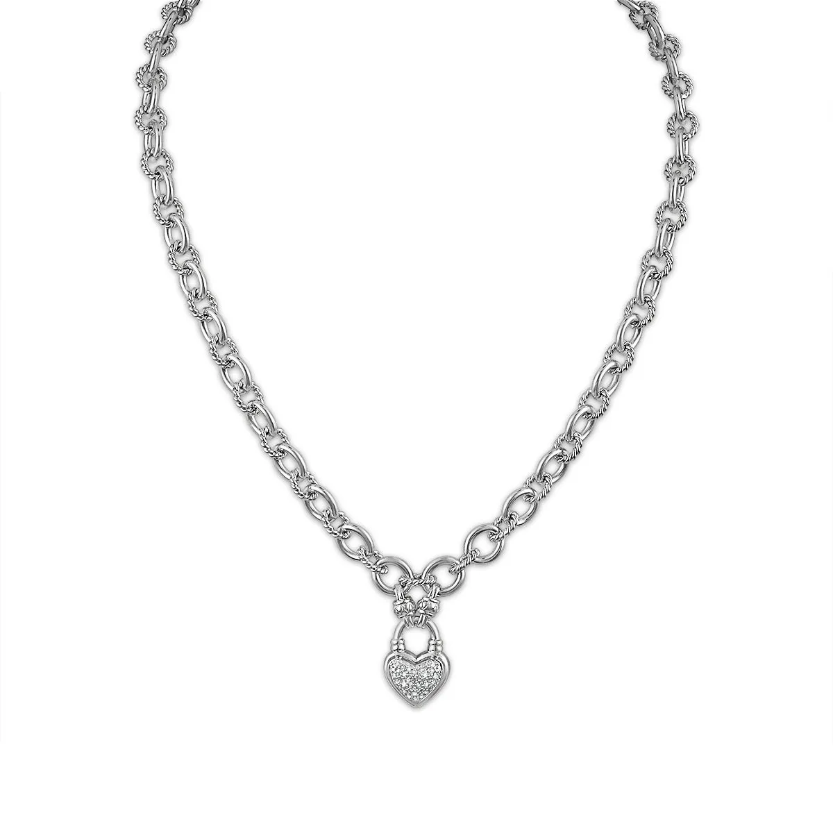 1/7 CTW Diamond Heart Cuban Link 18-inch Necklace in Rhodium Plated Sterling Silver