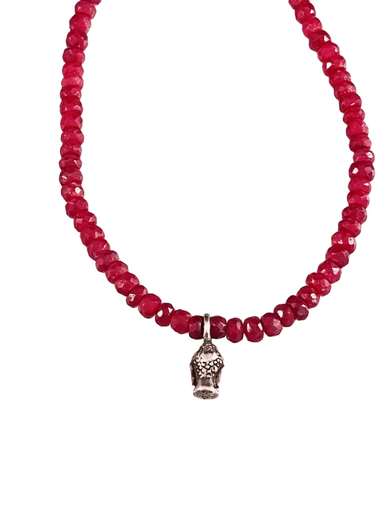 18” Sterling Buddha with Diamond and Faceted Ruby Necklace