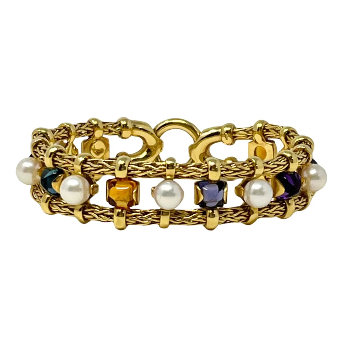 18K Gold Bracelet with Cultured Pearls, Topaz, Amethyst and Iolite