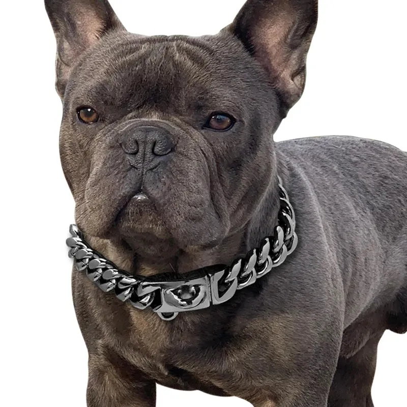 18K Gold Dog Collar Stainless Steel Cuban Link Chain 14mm Wide Metal Pet Necklace for Small Medium Large Dog Collar Product