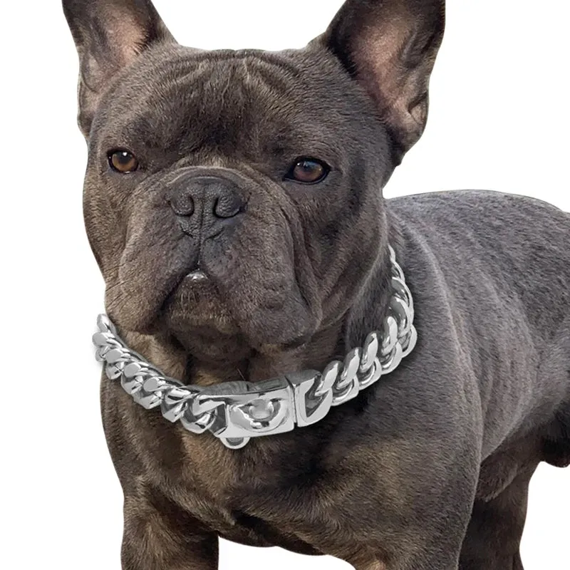 18K Gold Dog Collar Stainless Steel Cuban Link Chain 14mm Wide Metal Pet Necklace for Small Medium Large Dog Collar Product