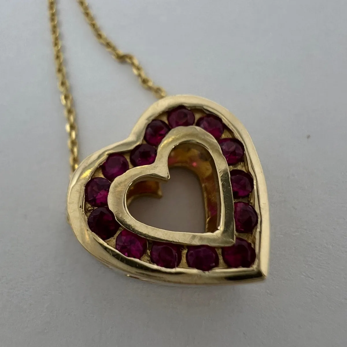 18K Gold Necklace with Heart Shaped Double Sided Pendant and  Diamonds and Ruby