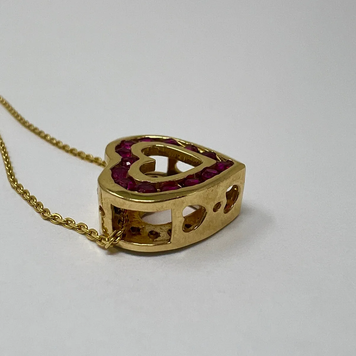 18K Gold Necklace with Heart Shaped Double Sided Pendant and  Diamonds and Ruby