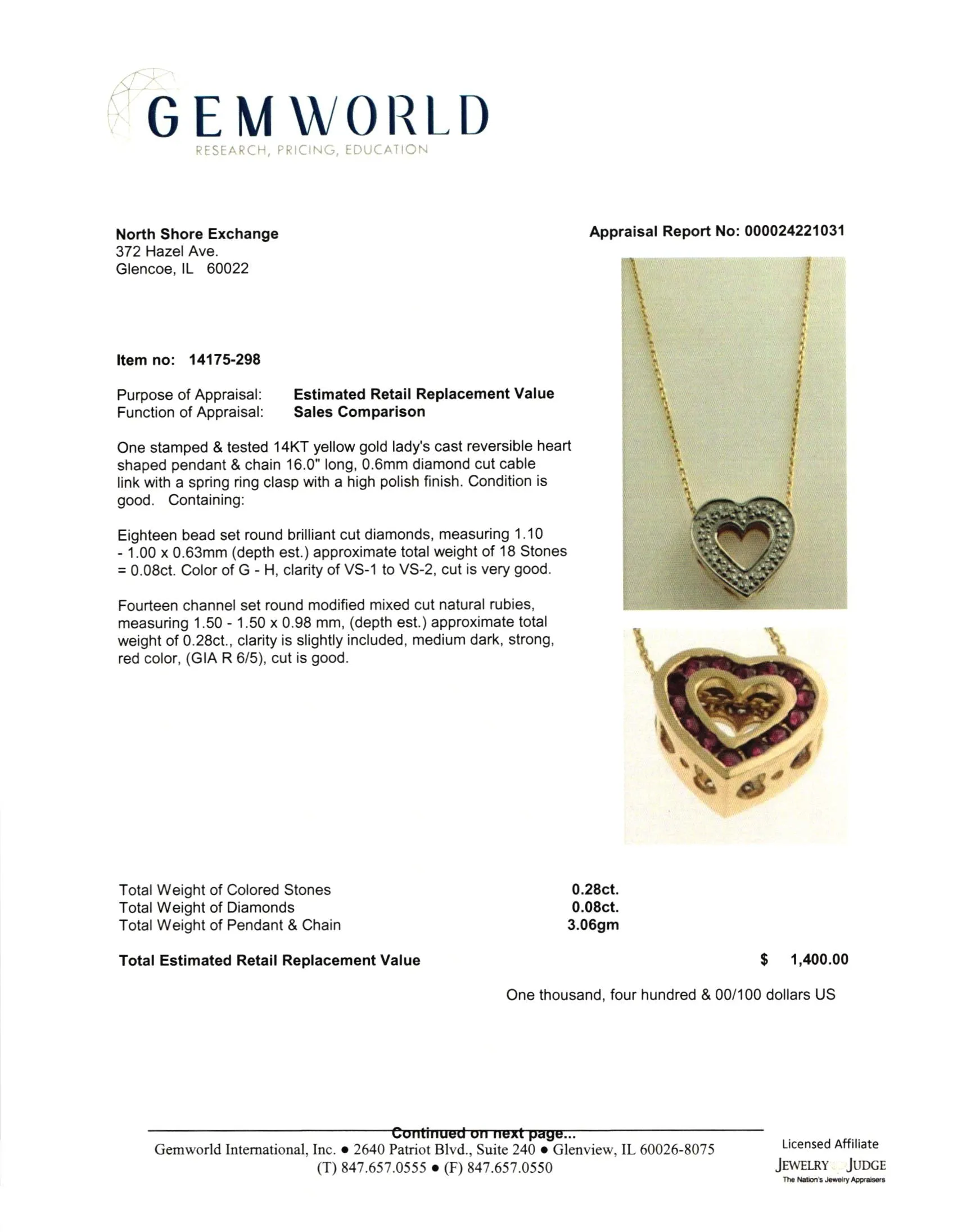 18K Gold Necklace with Heart Shaped Double Sided Pendant and  Diamonds and Ruby