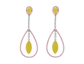 18k Gold Pink, Yellow and White Diamond Pear Shaped Drop Earrings