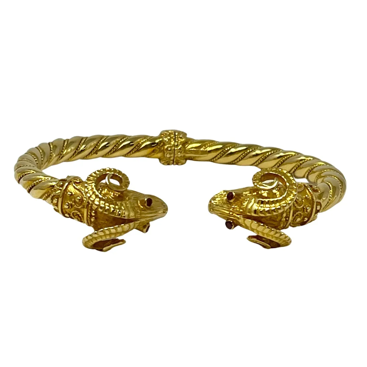 18K Gold Ramus Head Hinged Cuff Bracelet with Ruby Eyes