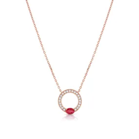 18K Rose Gold Diamond and Oval Ruby Round Pendant Necklace