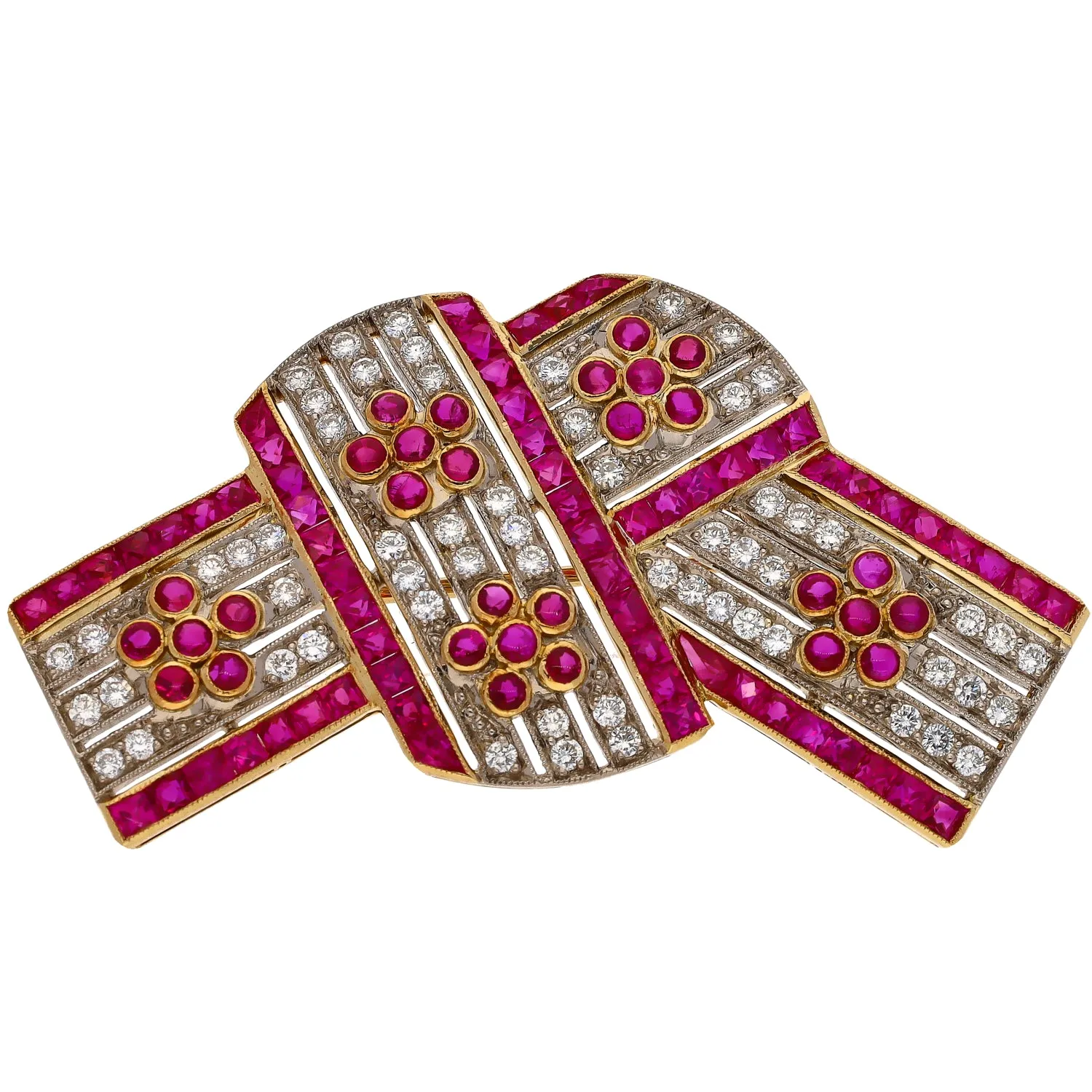 18K White and Yellow Gold Ruby and Diamond Bow Pin/Brooch