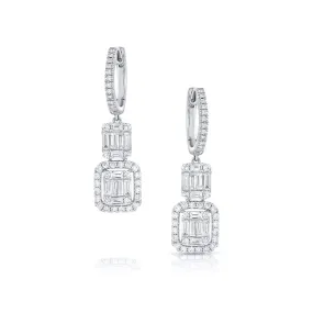 18K White Gold 1.20ctw Diamond Cluster Rectangular Dangle Earrings