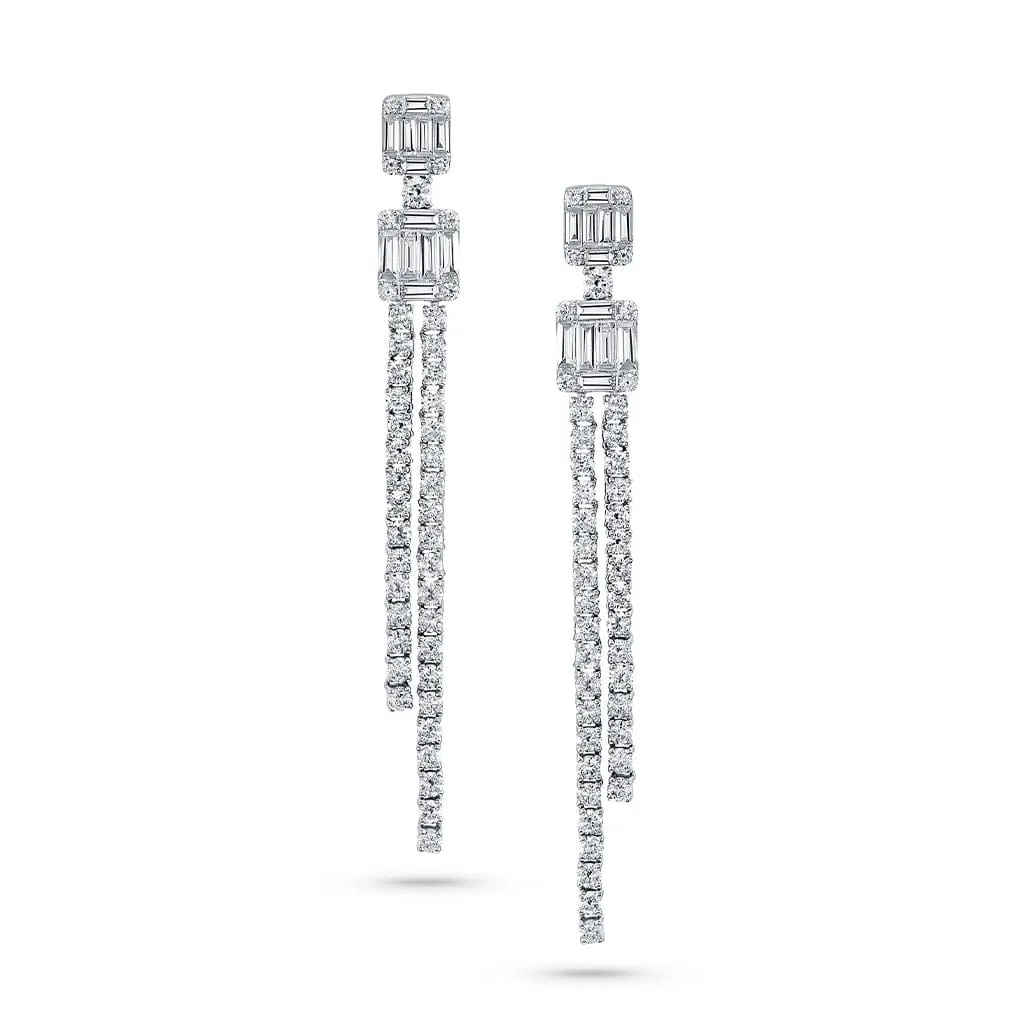 18k White Gold Diamond Drop Double Long Earrings