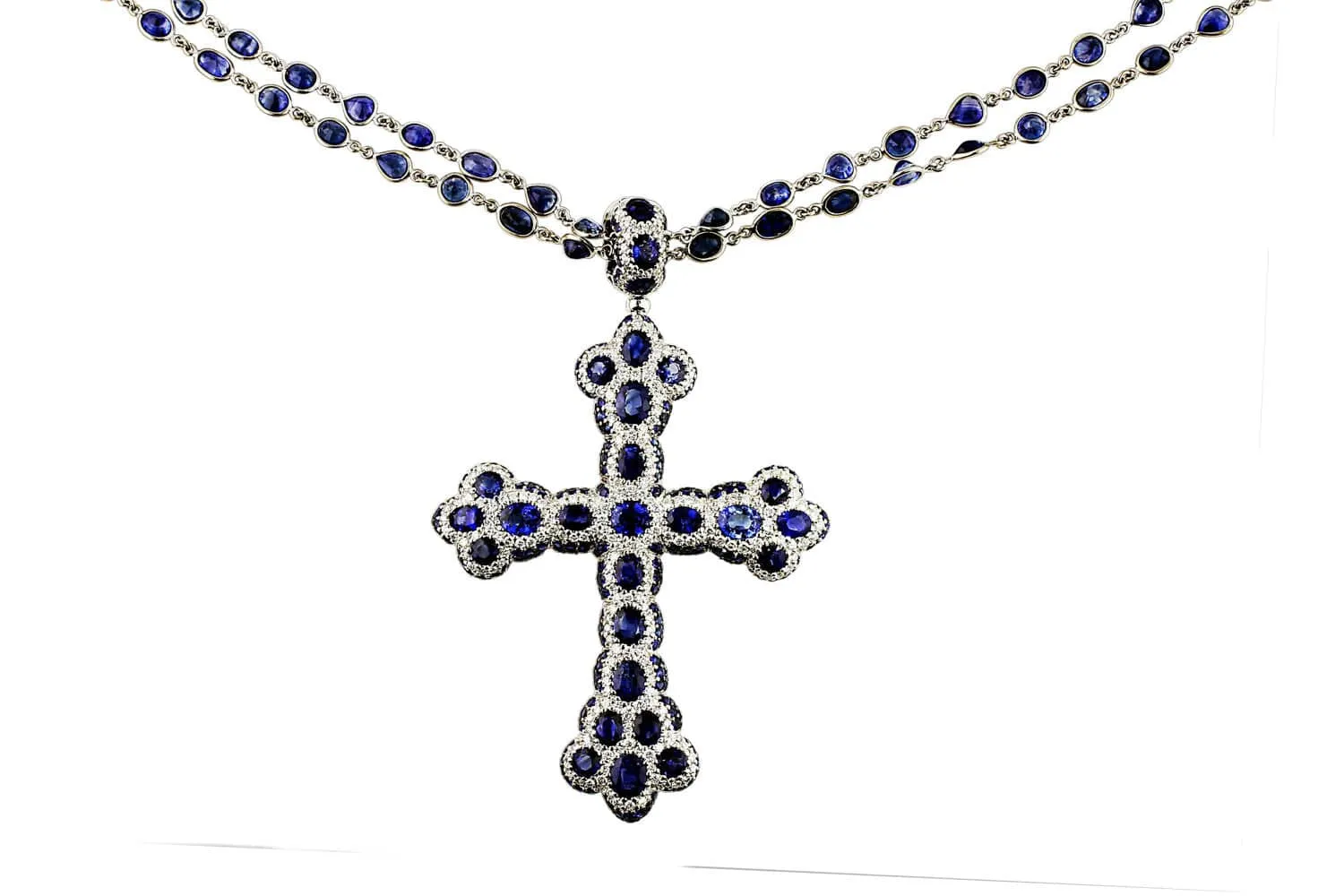 18k White Gold Diamond Sapphire Cross Necklace