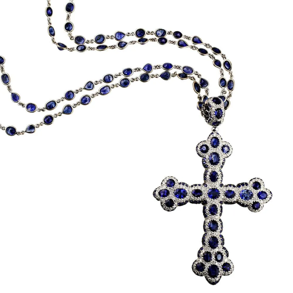 18k White Gold Diamond Sapphire Cross Necklace