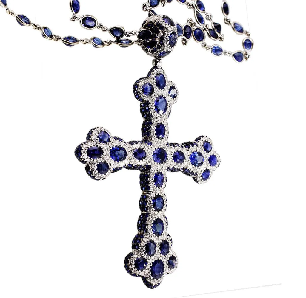 18k White Gold Diamond Sapphire Cross Necklace