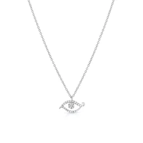 18K White Gold Diamond Scrolled Evil Eye Pendant Necklace