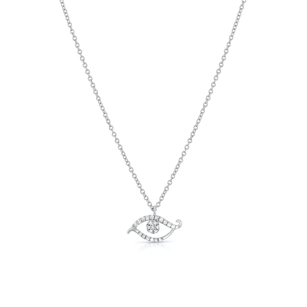 18K White Gold Diamond Scrolled Evil Eye Pendant Necklace