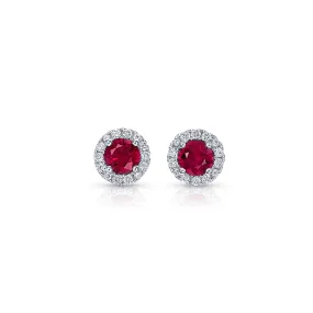 18k White Gold Round Brilliant Ruby and Diamond Studs