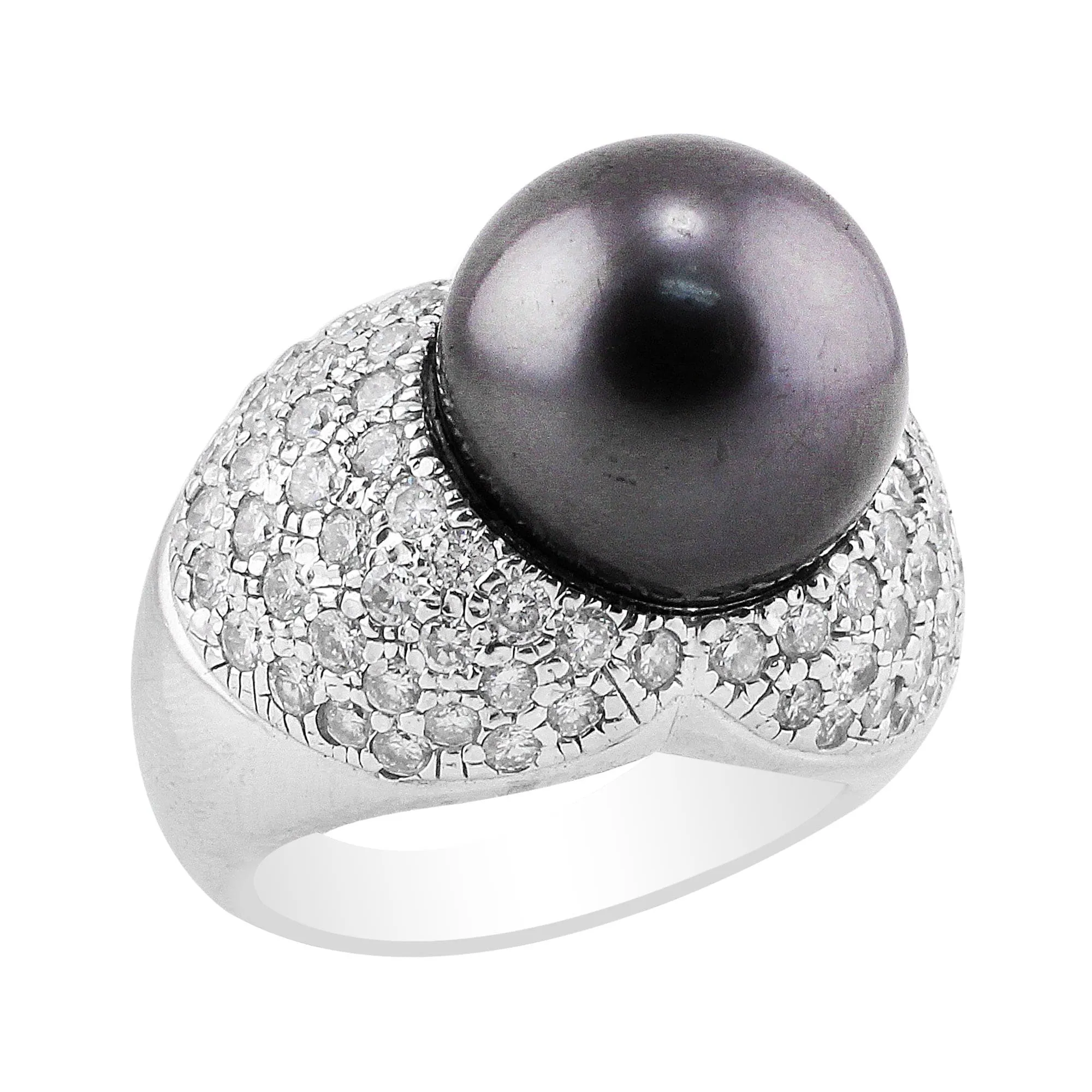 18k White Gold Tahitian Pearl and Pavé Diamond Ring