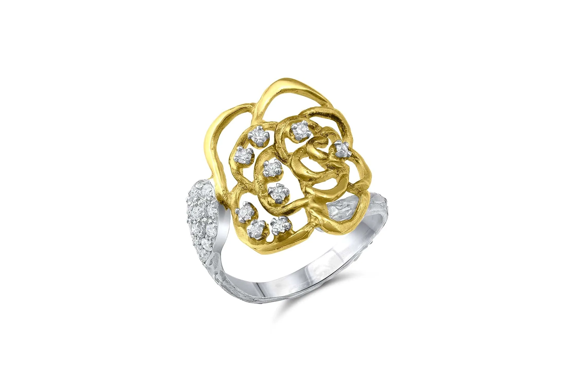 18k Yellow and White Gold Salavetti White Diamond Rose Ring